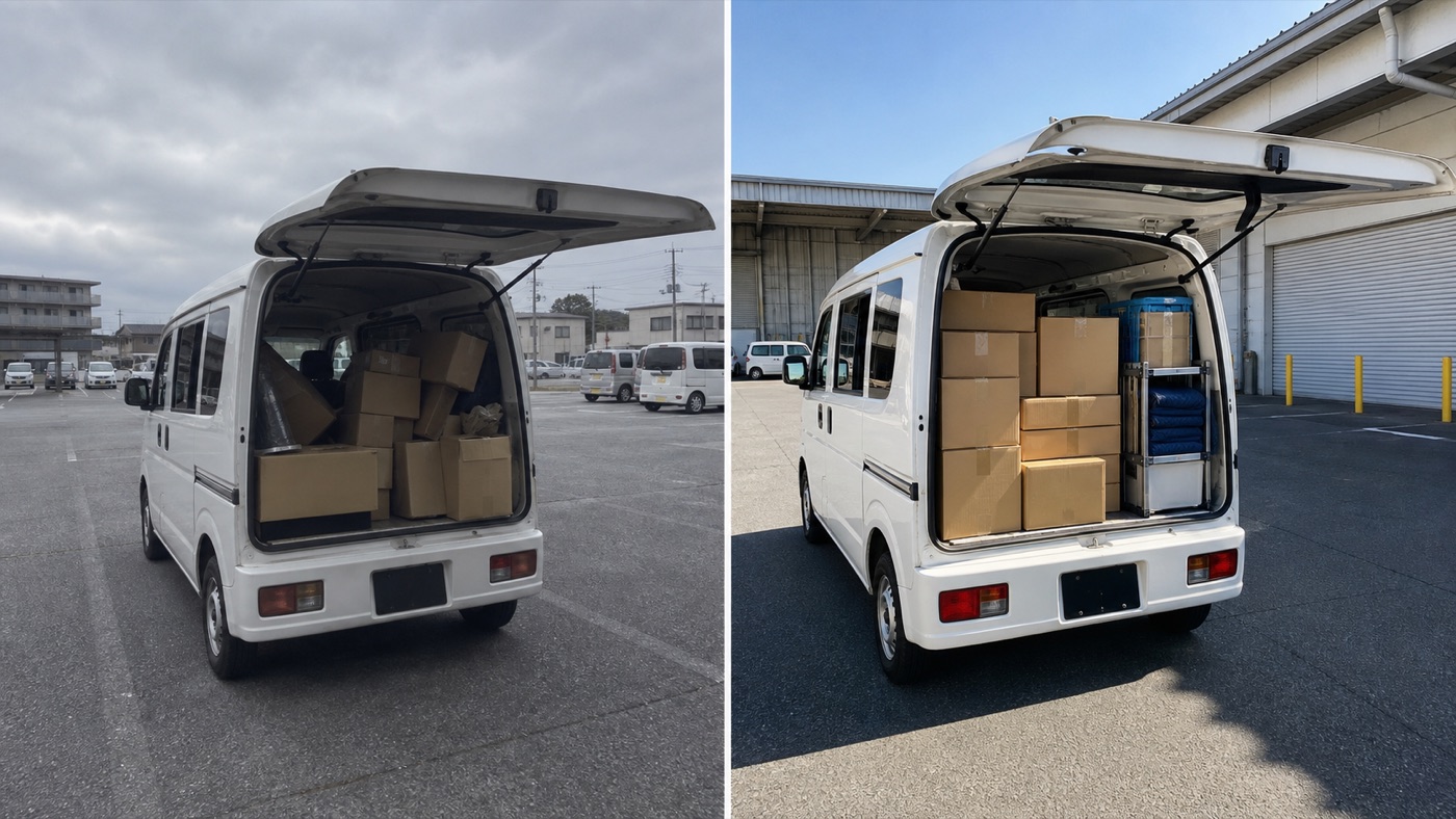 架空の軽貨物写真のBefore Afterサンプル。左は暗い荷室写真、右は整理された明るい荷室写真。